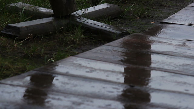 Raindrops falling on wooden pathway in abandoned amusement park, autumn weather
