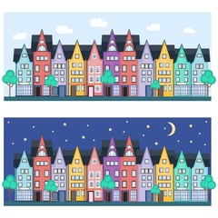 City street with colorful houses.Trees and Road, sky and clouds. European style. Vector illustration. Flat style. Vector flat banner
