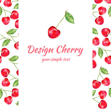 Cherry watercolor illustration, Vector berry border, Fruit design, Watercolor frame on white background, Can be used for banner, cards, invitations etc