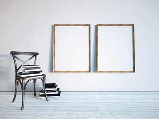 Frames and a chair with books. 3D rendering