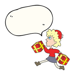 speech bubble cartoon running woman with presents
