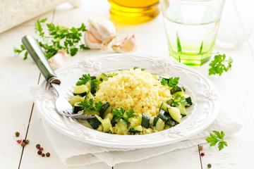 Dietary dish- cous cous with braised zucchini.