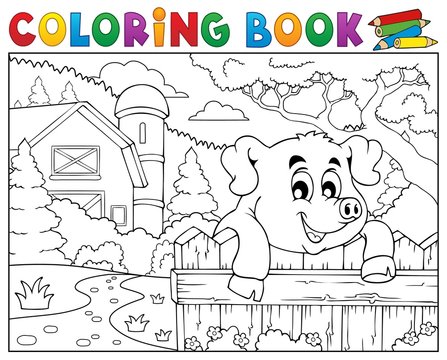 Coloring book pig behind fence near farm
