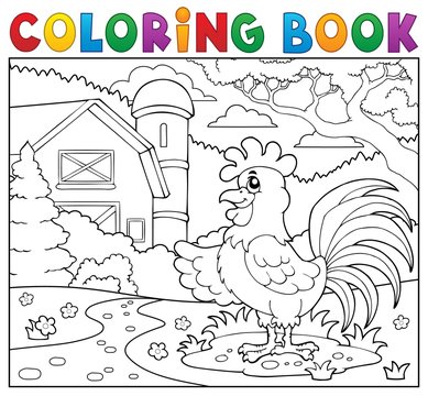 Coloring book rooster near farm