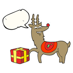 speech bubble cartoon christmas reindeer with present