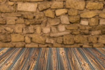 stone wall background with wooden slats floor