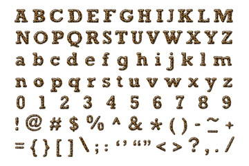 Alphabet set with leopard texture ,rough edge ,stitched border and emboss style isolated on white