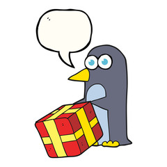 speech bubble cartoon penguin with christmas present