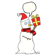 speech bubble cartoon snowman holding present