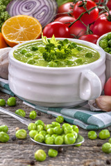 Potage soup made from fresh domestic peas with spices
