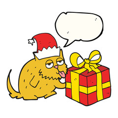 speech bubble cartoon cat with present