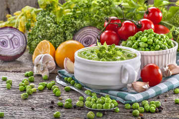 Potage soup made from fresh domestic peas with spices