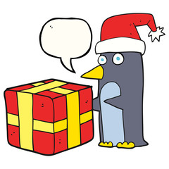 speech bubble cartoon christmas penguin with present