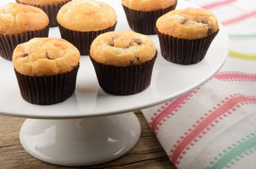 chocolate chips muffins on a white cake stand