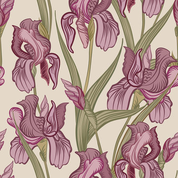 Floral pattern. Flower iris seamless background.