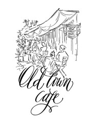 Vector sketch of old street. Old town cafe.