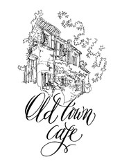Vector sketch of old street. Old town cafe.