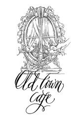 Vector sketch of old street. Old town cafe.
