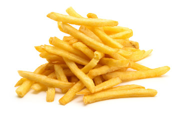 a pile of appetizing french fries on a white background