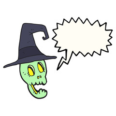 speech bubble cartoon skull wearing witch hat