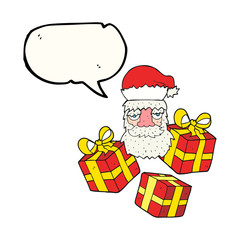 speech bubble cartoon tired santa claus face with presents