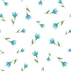 Vector seamless pattern with blue watercolor flowers. Background design.