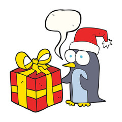 speech bubble cartoon christmas penguin with present