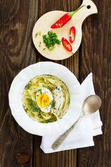 Homemade chicken soup with noodles and egg.