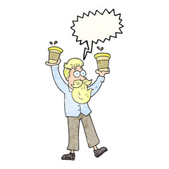 speech bubble textured cartoon man with coffee cups