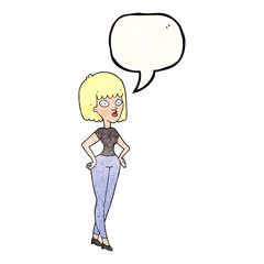 speech bubble textured cartoon woman with hands on hips