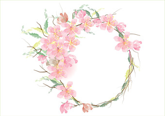 Fototapeta na wymiar Cherry blossom flower with abstract green leave border frame design vector illustration