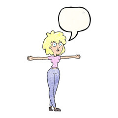 speech bubble textured cartoon woman spreading arms