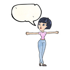 speech bubble textured cartoon woman spreading arms