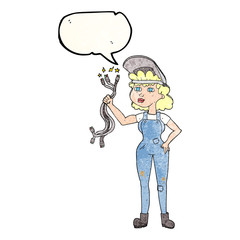 speech bubble textured cartoon electrician woman