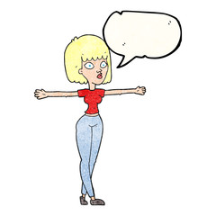 speech bubble textured cartoon woman spreading arms
