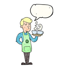 speech bubble textured cartoon barista serving coffee