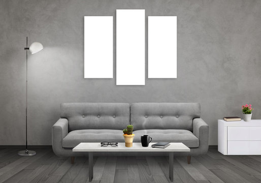 Isolated wall art canvas on gray wall. Living room interior with sofa, lamp, cabinet, table, glasses, book, coffee.
