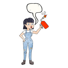 speech bubble textured cartoon woman in dungarees