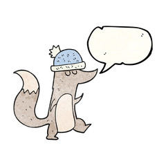 speech bubble textured cartoon little wolf wearing hat