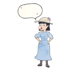 speech bubble textured cartoon woman in sensible dress