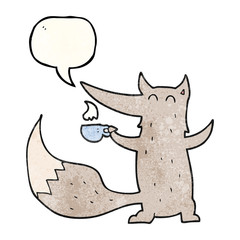speech bubble textured cartoon wolf with coffee cup