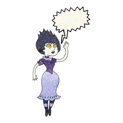 speech bubble textured cartoon vampire girl waving