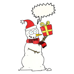 speech bubble textured cartoon snowman holding present