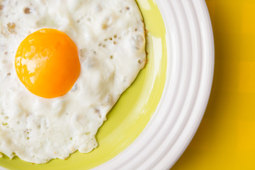 Fried egg on white-green plate on yellow background