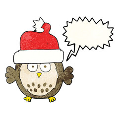 speech bubble textured cartoon owl wearing christmas hat