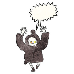 speech bubble textured cartoon dancing death skeleton