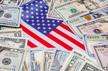 American dollars and flag