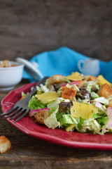 Chinese cabbage salad with croutons, cheese and delicate sauce