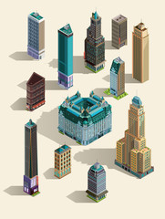 Isometric buildings. Set Isolated icon landmarks. 3d map, home, town skyscraper.Top view. Isolated on white.