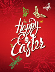 Happy Easter sign, symbol, logo on a red background. Festive banner lettering